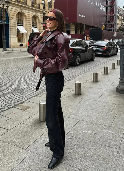Audace Parisienne Veste Oversize Effet Cuir – Ceinture, Style Moderne & Élégant Femme