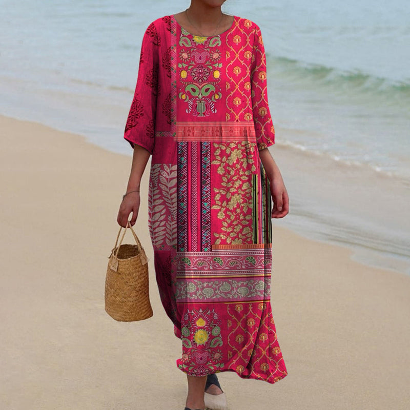 Daniella Maxi Dress for Women – Red Ethnic Bohemian Print, Airy & Fluid Cotton