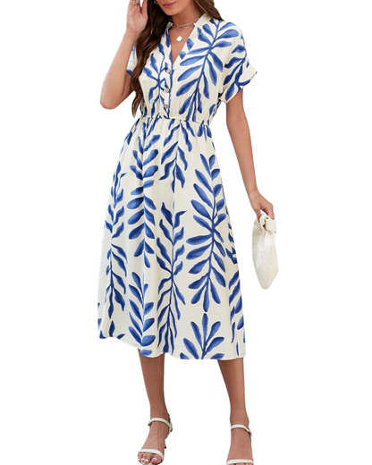 Rosita Bohemian Women's Dress – V-Neck, Short Sleeves, High Waist, Pockets Summer