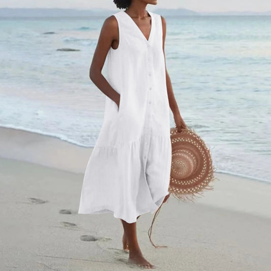 Robe d’Été Femme Lena – Élégante Robe à Col en V avec Coupe Aérée & Design Intemporel