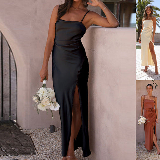 Lucille Robe de Soirée Femme – Robe Noire Satin Élégante avec Fente pour Occasions Chic