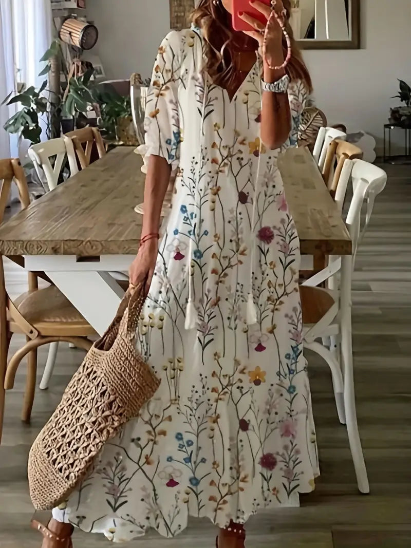 Bohemian Women's Charm Dress – Elegant Summer Dress with Ruffles, V-Neck & Ikat Pattern