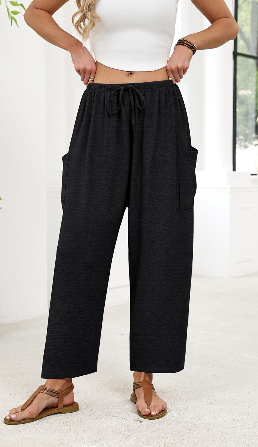 Maja Women's Pants – Wide Fluid Palazzo with Elastic Waist & Pockets for Summer