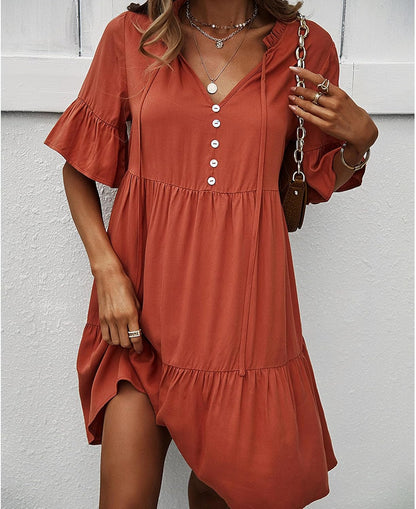 Léa Women's Dress – Mini Dress with Ruffles, V-Neck, Tied Short Sleeves, Elegant Summer