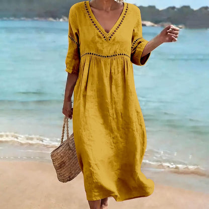 Laura Women's Dress – Midi Linen V-Neck 3/4 Sleeve Pockets A-Line Summer