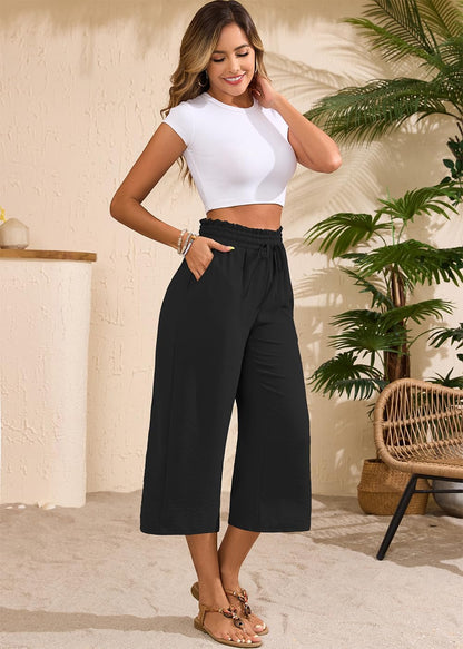 Joanna Women's Capri Pants – Wide Fit, High Elastic Waist, Lightweight Summer Chic