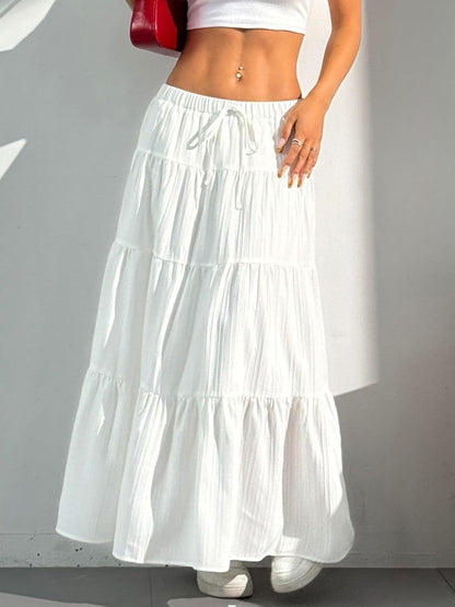 Dori Maxi Skirt for Women – White Bohemian High-Waisted Ruffled A-Line Skirt