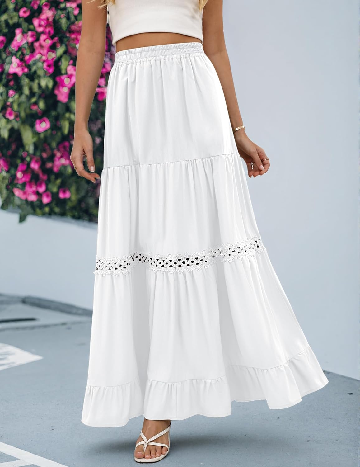Edith Jupe Maxi Women – Bohemian Cotton Skirt with Crochet Lace & Ruffles