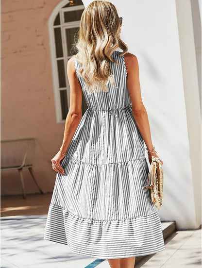 Claire Midi Shirt Dress for Women – Elegant Sleeveless Striped Buttoned V-Neck Dress