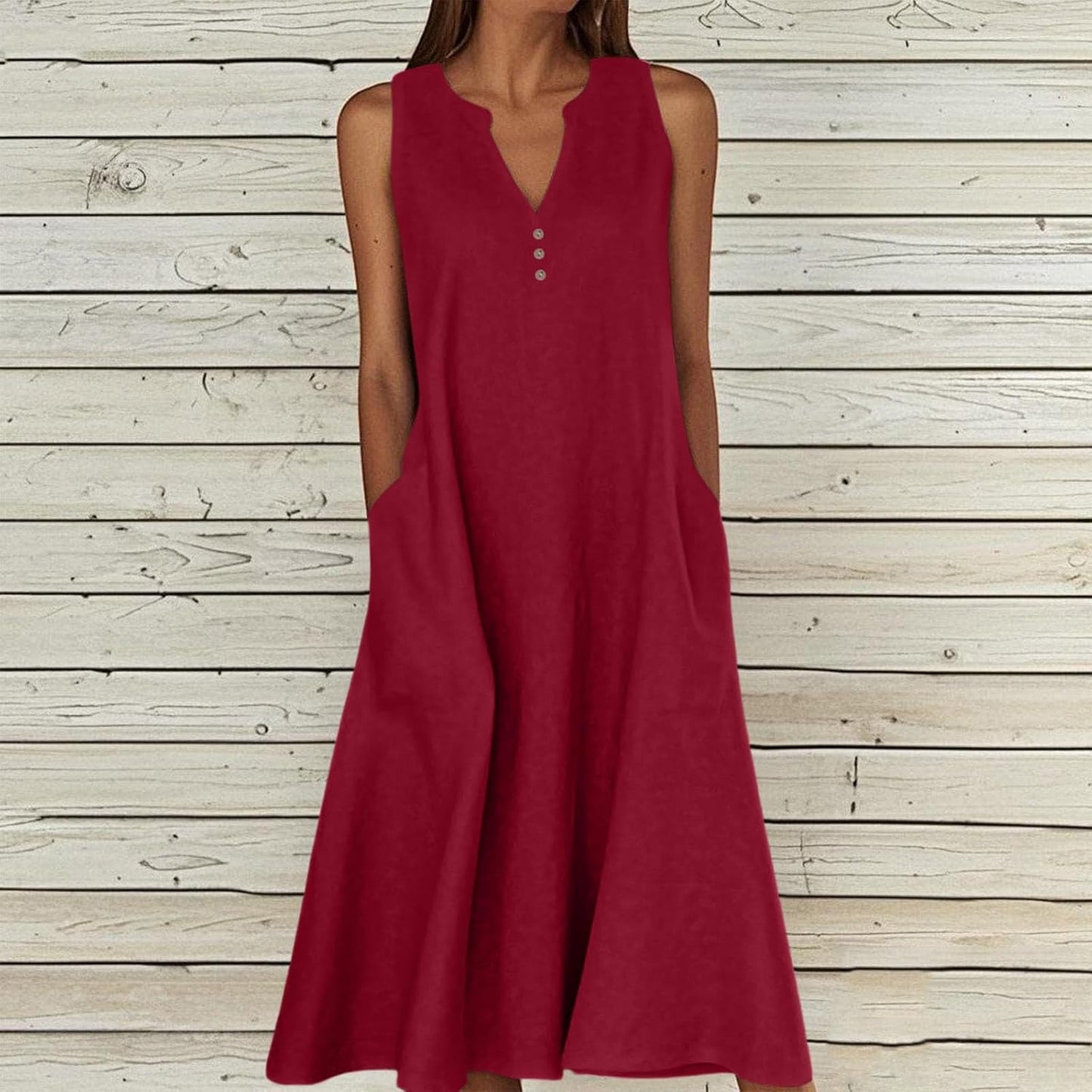 Camille Women's Dress – Maxi Linen V-Neck Sleeveless Buttoned Dress with Pockets for Summer