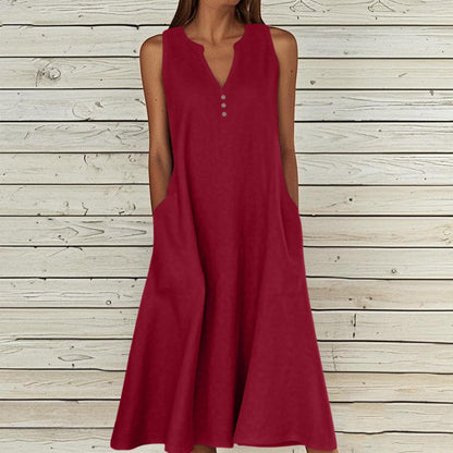 Camille Women's Dress – Maxi Linen V-Neck Sleeveless Buttoned Dress with Pockets for Summer