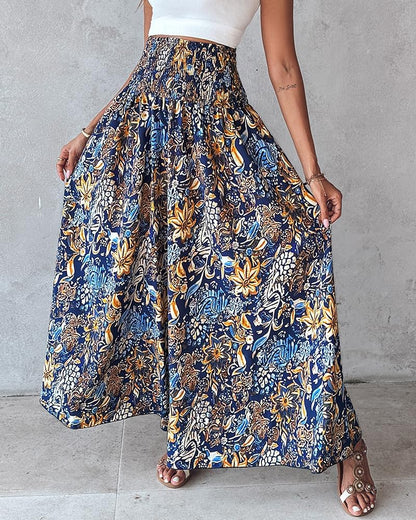 Lila Women's Pants – Smocked Waist Wide Floral Palazzo with Pockets for Summer
