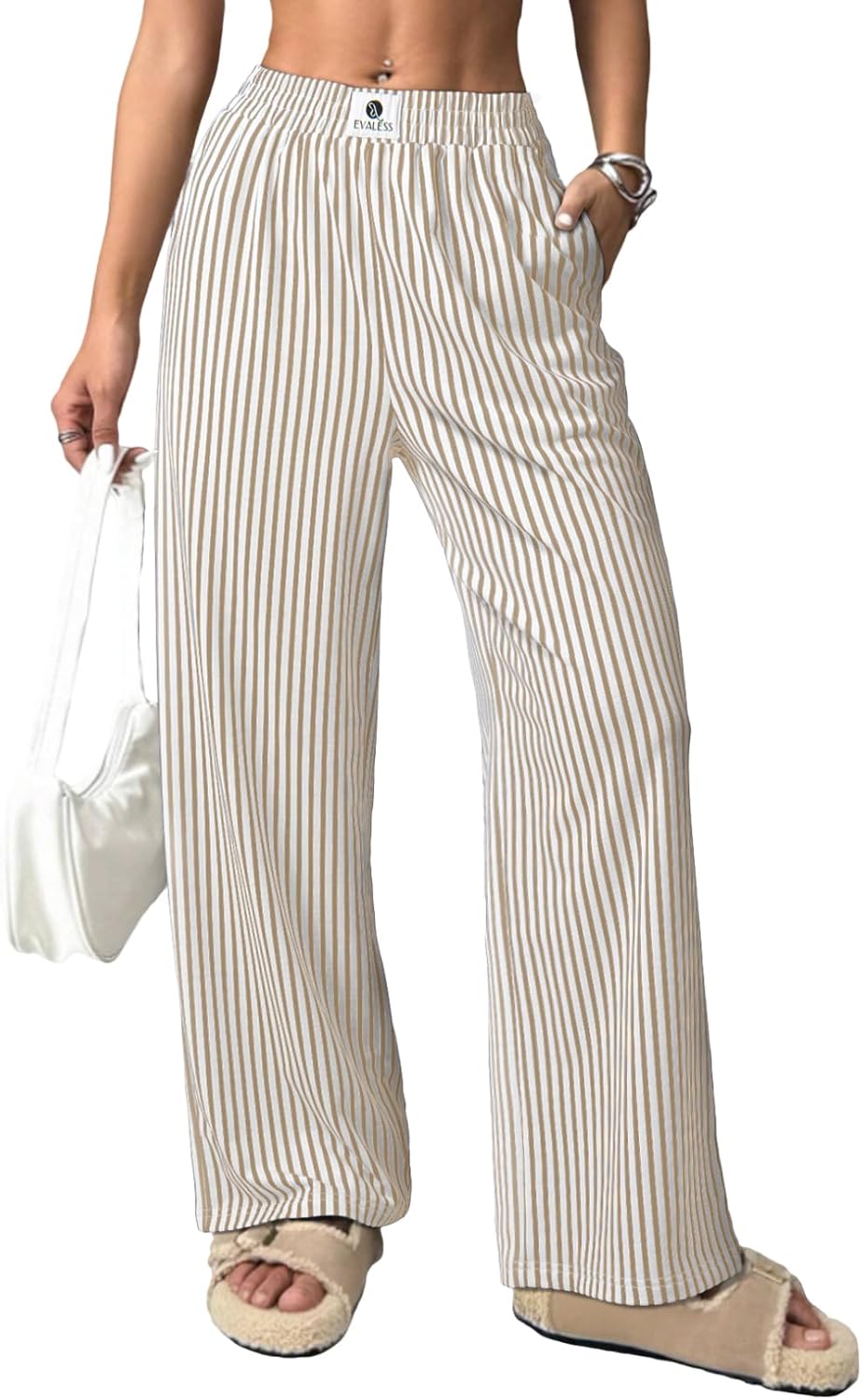Verna Women's Striped Pants – Wide Fluid Cut, High Elastic Waist Lounge Summer