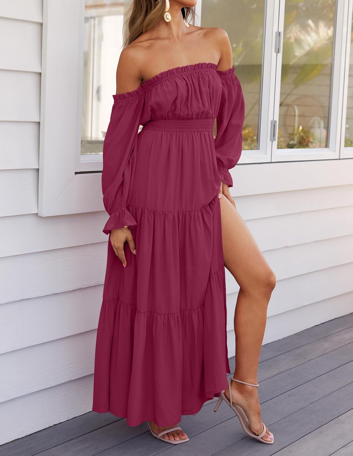 Sophie Maxi Dress for Women – Bohemian Off-Shoulder Dress with Slit and Smocked Waist