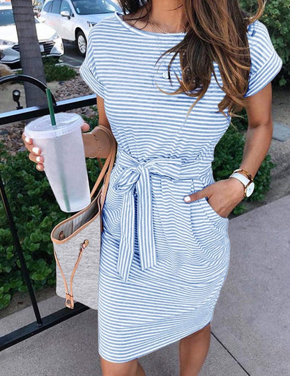 Julie Women's T-Shirt Dress – Striped Belted Dress with Pockets Summer Casual Chic