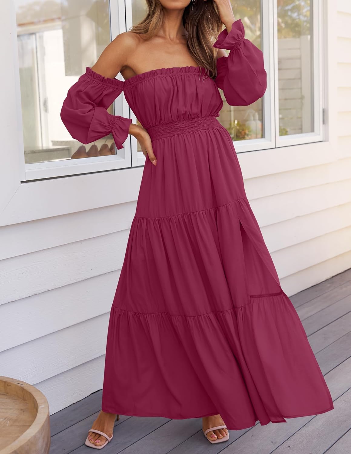 Sophie Maxi Dress for Women – Bohemian Off-Shoulder Dress with Slit and Smocked Waist