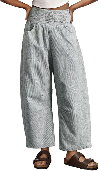 Wella Women's Barrel Pants – Wide Cut, High Smocked Waist, Casual Chic Summer