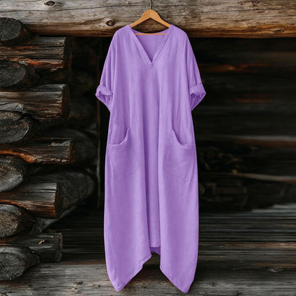 Mila Women's Dress – Maxi Linen Dress with V-Neck, 3/4 Sleeves, Oversized A-Line Cut for Summer