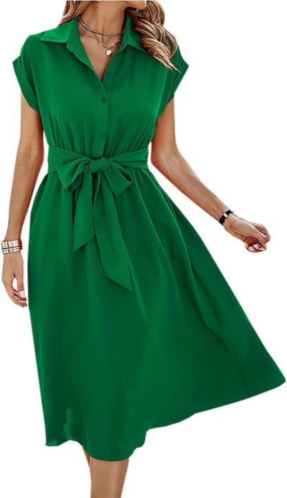 Camille Midi Dress for Women – V-Neck Buttoned Belted Dress with Pockets Summer