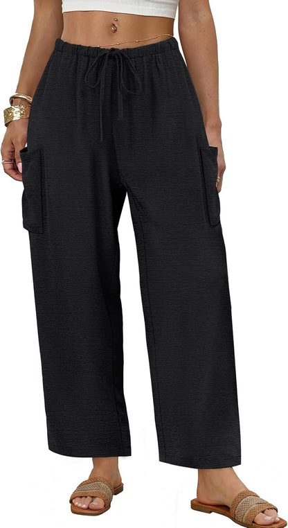 Maja Women's Pants – Wide Fluid Palazzo with Elastic Waist & Pockets for Summer