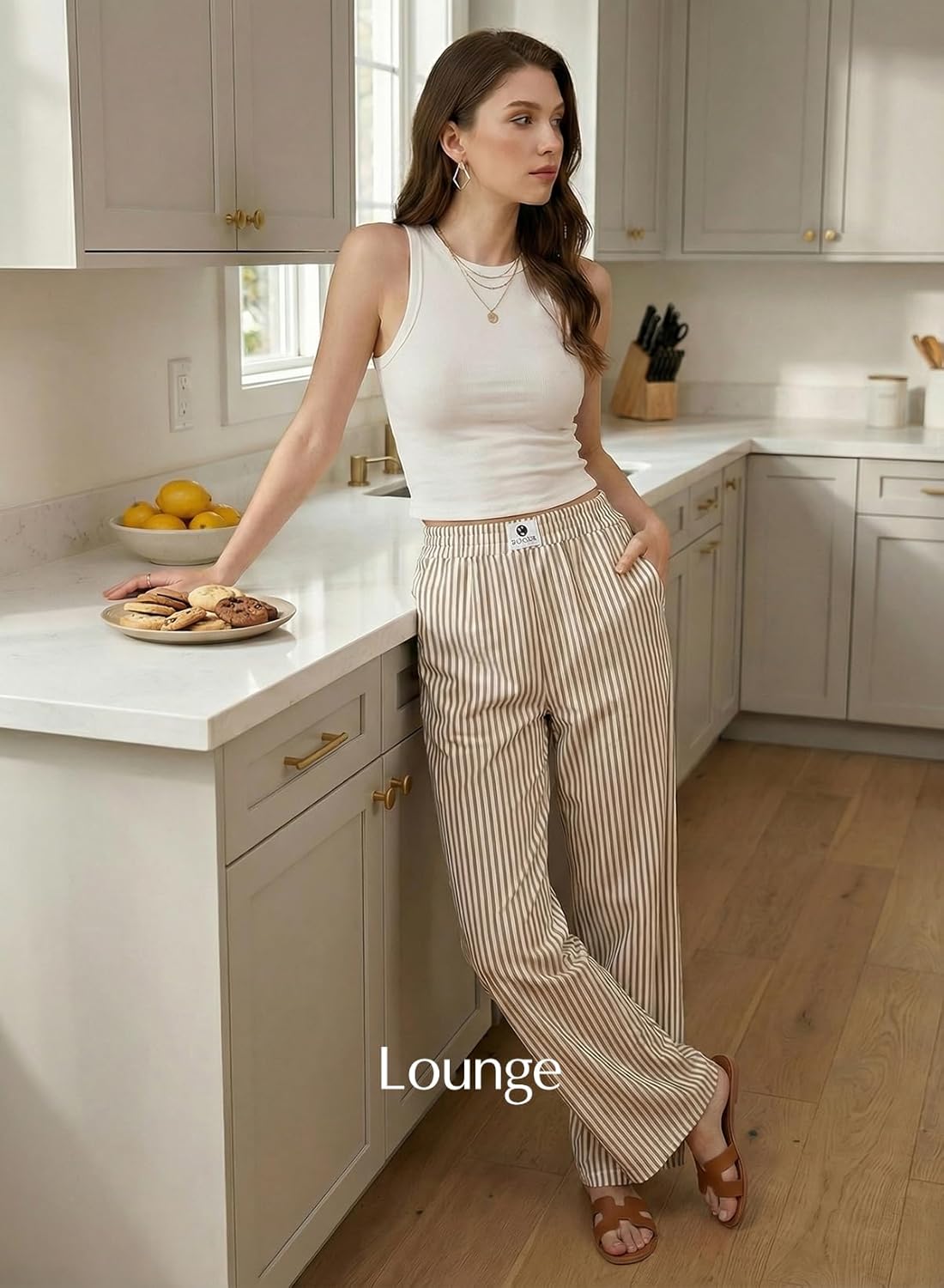 Verna Women's Striped Pants – Wide Fluid Cut, High Elastic Waist Lounge Summer