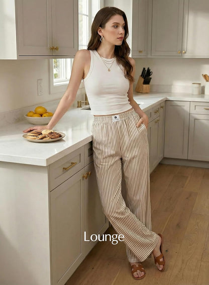 Verna Women's Striped Pants – Wide Fluid Cut, High Elastic Waist Lounge Summer
