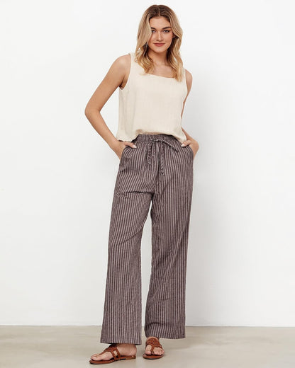 Julie Women's Striped Linen Pants – Wide Leg, High Waist Elastic Summer Chic