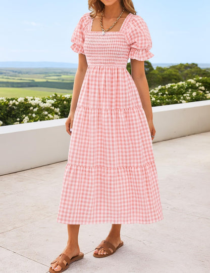 Sophie Bohemian Dress for Women – Elegant Summer Midi Dress with Square Neck and Puff Sleeves
