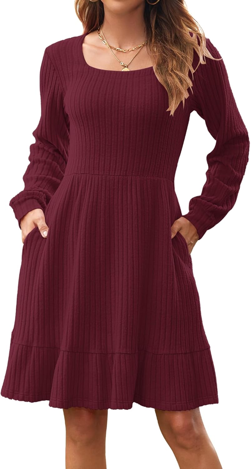 Elise Women's Knit Dress – Square Neck Long Sleeve Dress for Autumn Winter