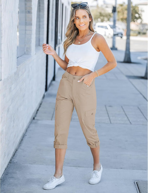 Laurice Women's Cargo Capri Pants – High Waist Elastic, Multi Pockets Casual