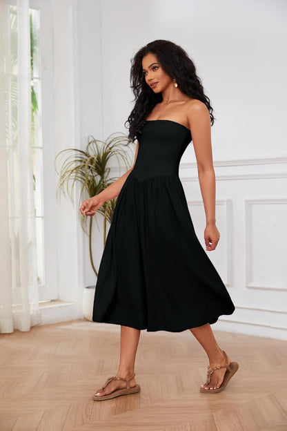 Lina Midi Dress for Women – Strapless Low Waist A-Line Summer Chic Dress