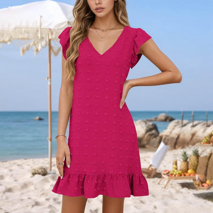 Chloé Women's Dress – Midi Dress with V-Neck, Short Ruffled Sleeves, A-Line Cut for Summer