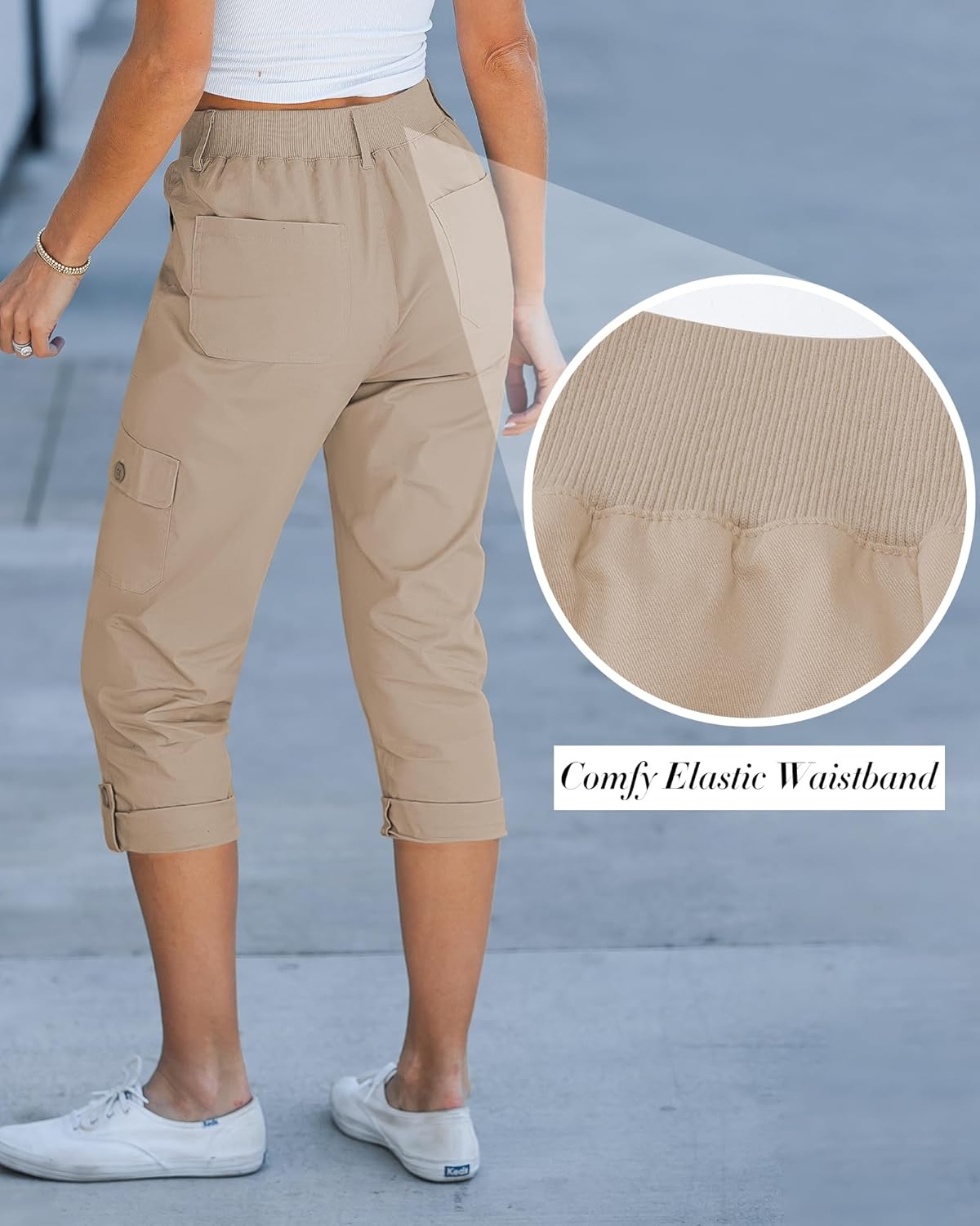 Laurice Women's Cargo Capri Pants – High Waist Elastic, Multi Pockets Casual