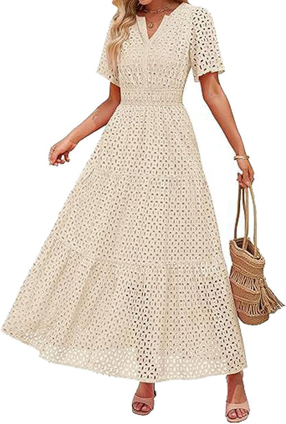 Clara Women's Dress – Maxi Dress with English Embroidery V-Neck High Waist Bohemian Summer