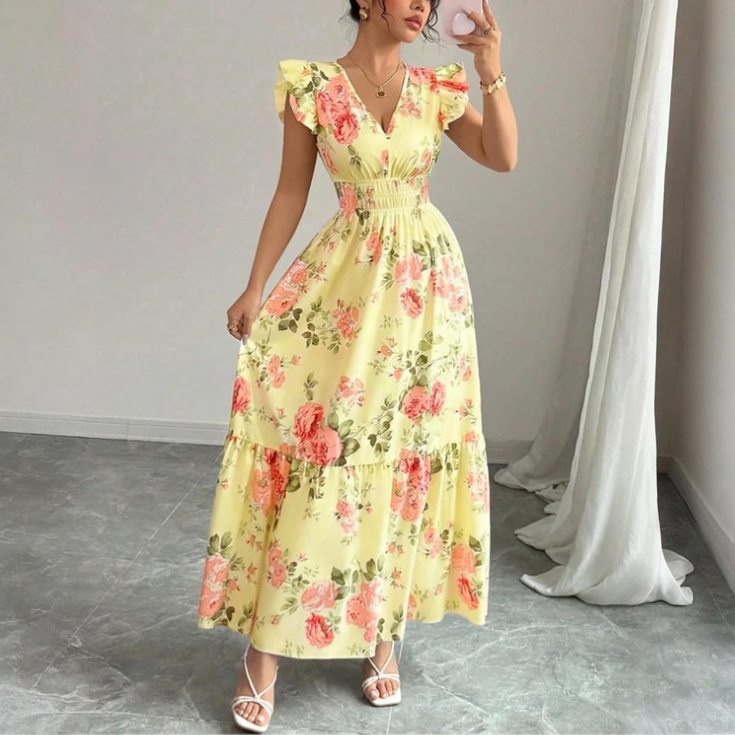 Camille Women's Dress – Maxi Floral Dress with V-Neck and Ruffled Sleeves, Smocked Waist for Summer