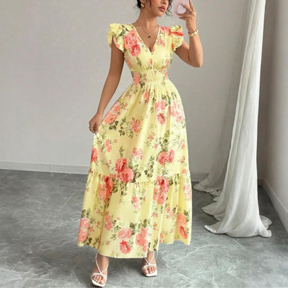 Camille Women's Dress – Maxi Floral Dress with V-Neck and Ruffled Sleeves, Smocked Waist for Summer