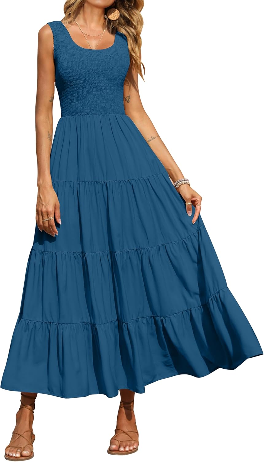 Elina Maxi Dress for Women – Sleeveless Smocked A-Line Summer Bohemian Dress
