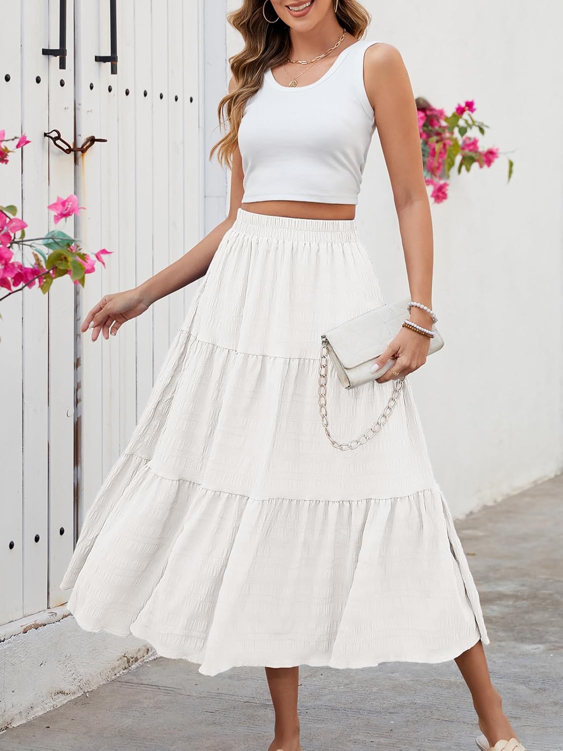 Neyla Maxi Skirt for Women – High-Waisted Smocked Bohemian Skirt with Ruffles and Pockets