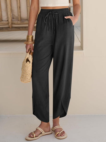 Vivian Women's Pants – Capri Palazzo Wide Elastic Waist & Pockets Summer