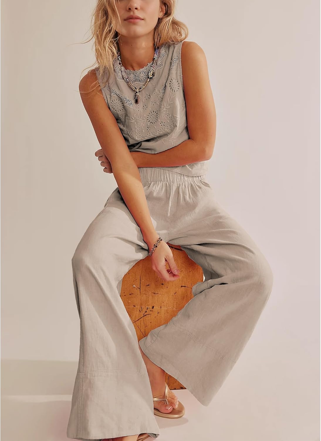 Milan Women's Pants – Wide Leg Linen Palazzo Pants with Elastic Waist & Pockets