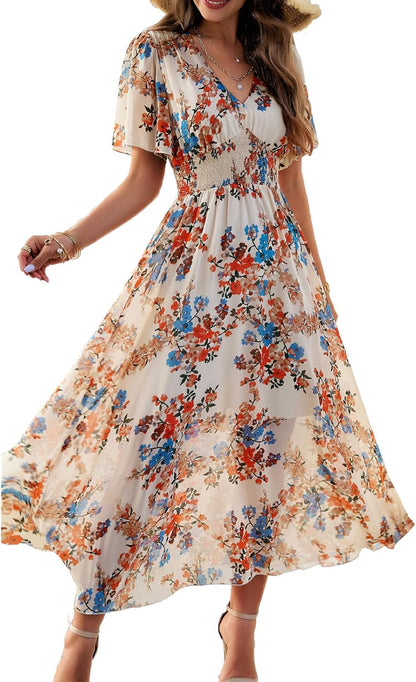Dianne Floral Dress for Women – V-Neck, Short Sleeves, Flowing Cut, Casual Summer