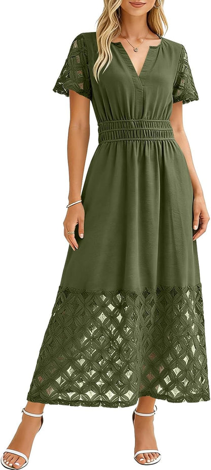 Emma Women's Dress – Bohemian Maxi Dress with V-Neck, Empire Waist, Fluid Pockets for Summer