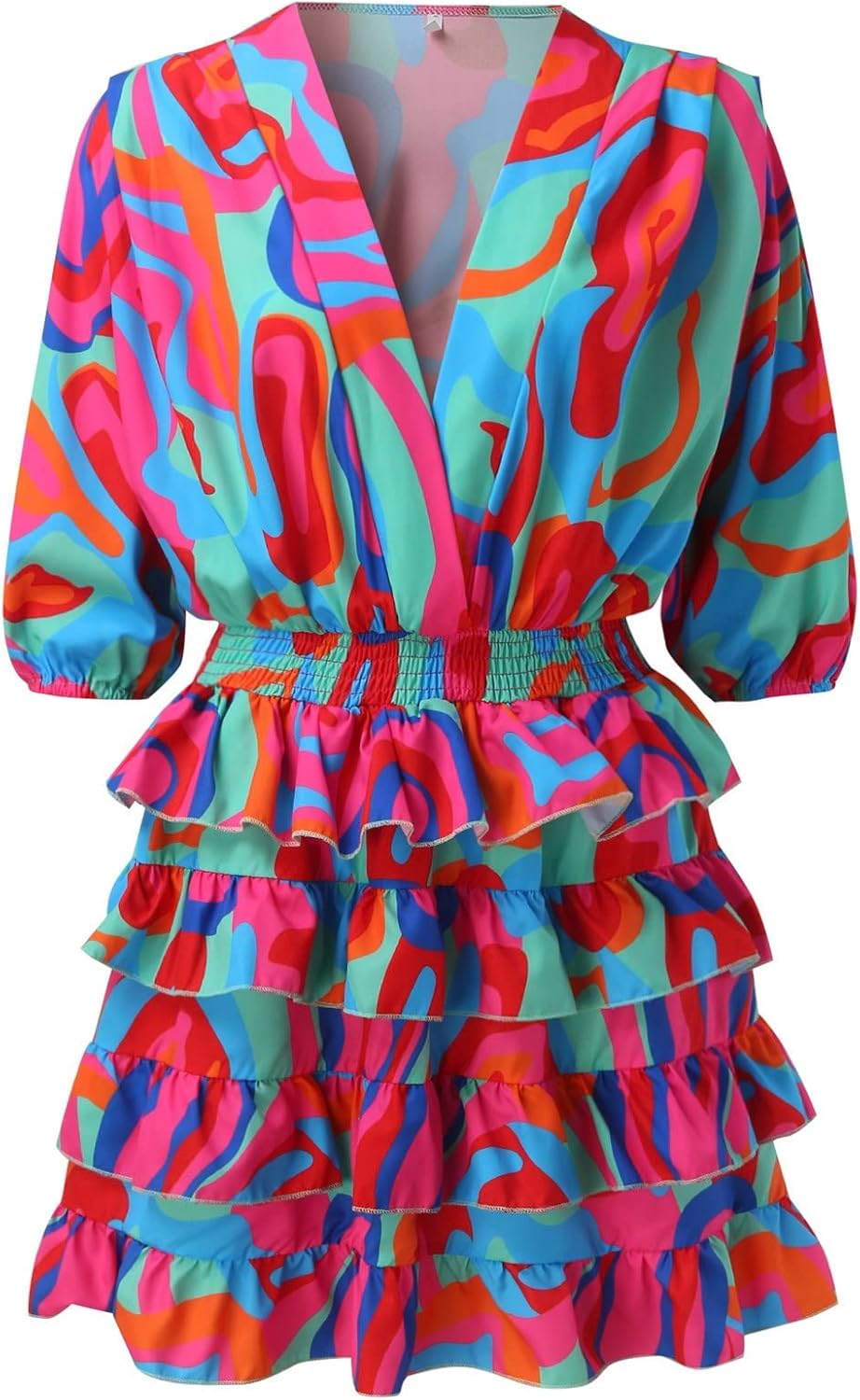 Amélia Women's V-Neck Dress – Flowing Dress with Ruffles and High Waist