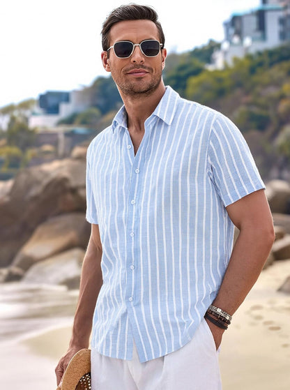 Marco Men's Shirt – Striped Linen Short Sleeve Shirt, Casual Chic Summer Style