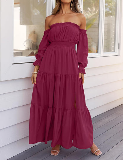 Sophie Maxi Dress for Women – Bohemian Off-Shoulder Dress with Slit and Smocked Waist