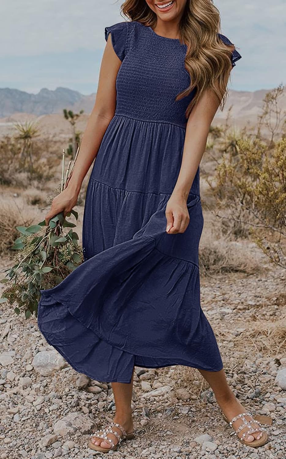 Louise Midi Dress for Women – Summer Smocked Dress with Ruffled Sleeves, Elegant A-Line Cut