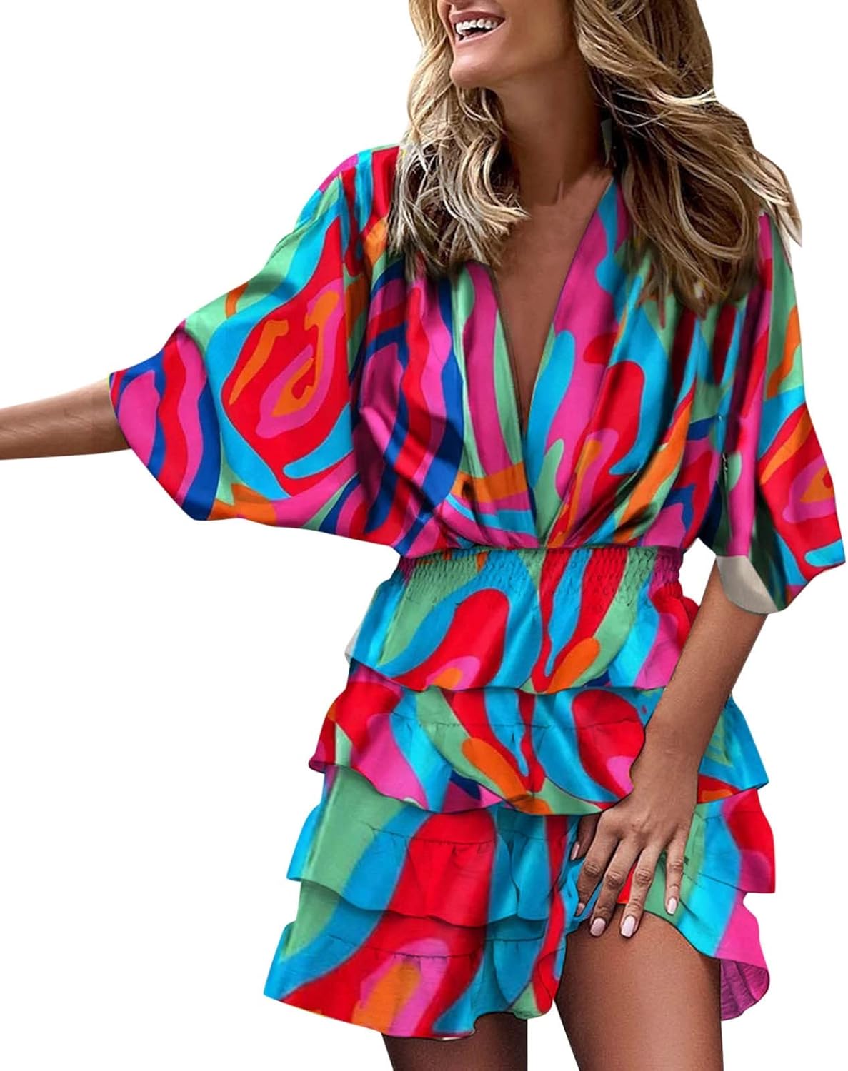 Amélia Women's V-Neck Dress – Flowing Dress with Ruffles and High Waist