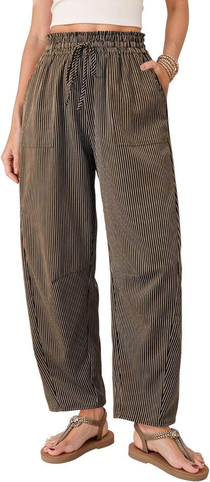 Inès Women's Pants – High-Waisted Striped Barrel Pants with Drawstring for Summer