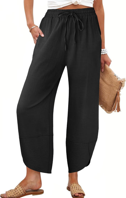 Vivian Women's Pants – Capri Palazzo Wide Elastic Waist & Pockets Summer