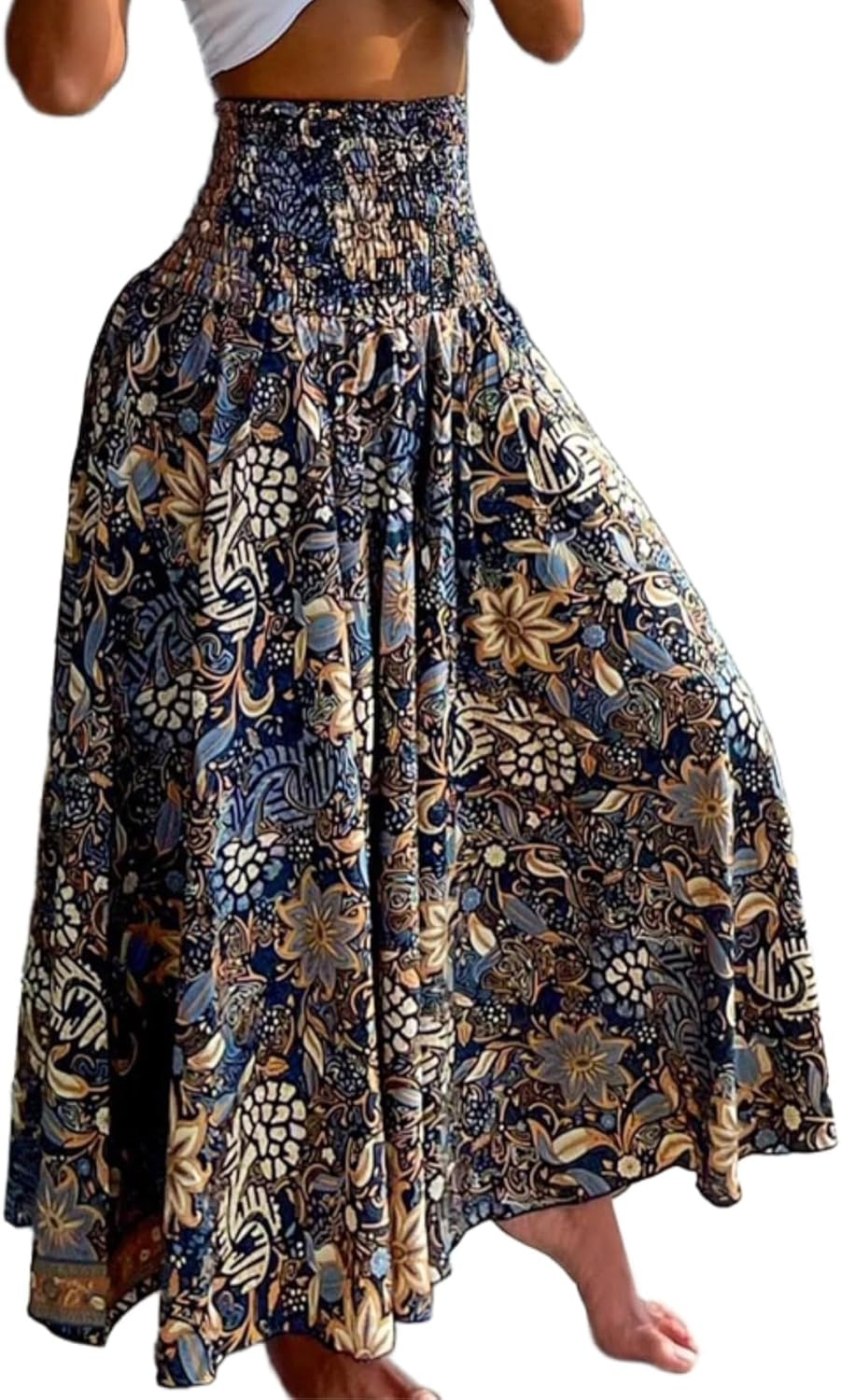 Lila Women's Pants – Smocked Waist Wide Floral Palazzo with Pockets for Summer